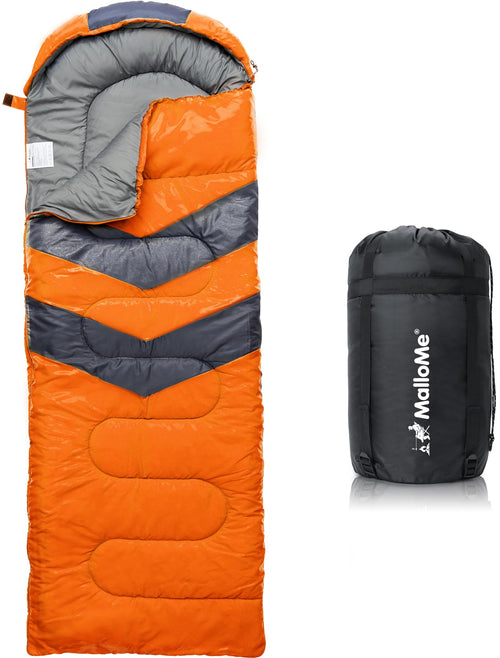 MalloMe Schlafsack für Erwachsene und Kinder, 10–25 °C, Orange – mit Kompressionssack