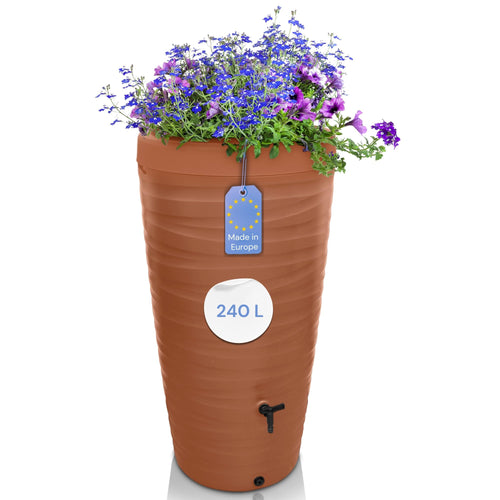 YourCasa Regentonne 240 Liter Wave mit Wasserhahn, Terracotta – schmale Kunststofftonne mit Pflanzschale