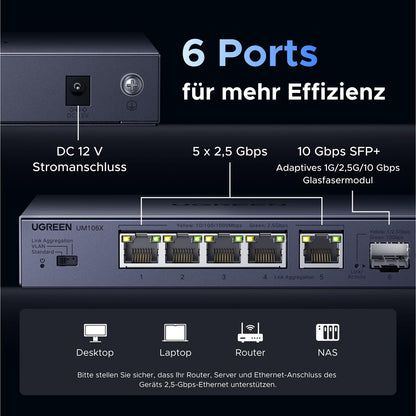 UGREEN 2.5G LAN Switch 5-Port mit 10G SFP+, Unmanaged, Metallgehäuse