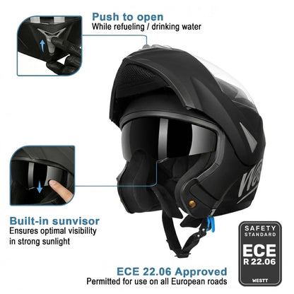 Westt Torque Klapphelm ECE 22.06 Motorradhelm mit Sonnenblende