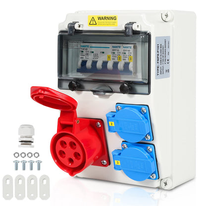 Sonnewelt Wandverteiler Stromverteiler 5-polig 2xSchuko CEE 16A Aussen. Grauer Kasten, verteilt Strom im Außenbereich.