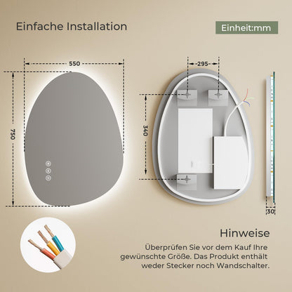 S'AFIELINA Asymmetrischer LED Badspiegel 75x55cm – Dimmbar, Beschlagfrei