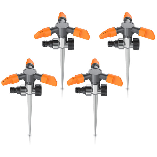 Brandson 4x Rasensprinkler 3-Fach – 360° Rasensprenger mit Erdspiess. Schwarz-grüne 3-fach 360°-Sprenger mit Erdspiess bewässern Rasen.