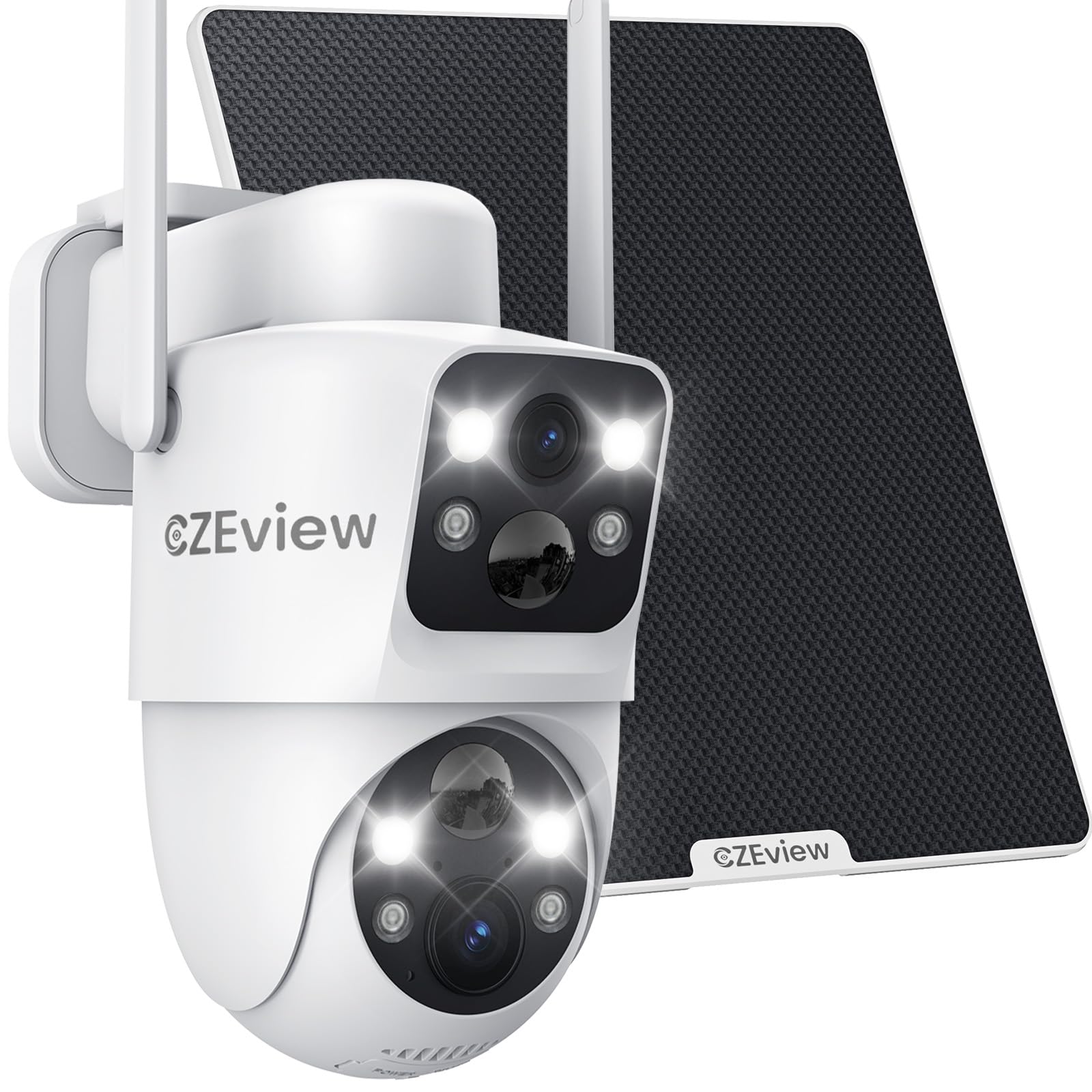 CZEview Solar Überwachungskamera Aussen, WLAN PTZ mit 2-Wege-Audio, Dual-Objektiv, Solarpanel