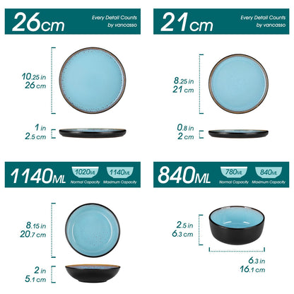 vancasso AMBER Geschirrset 24-teilig, Steingut, 6 Personen, Seeblau