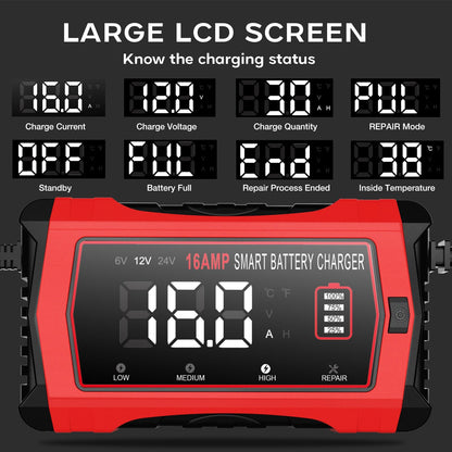 HTRC 16A Autobatterie Ladegerät 6V/12V/24V für Auto, Motorrad, Boot