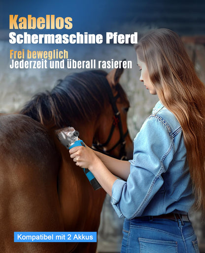oneisall Pferdeschermaschine kabellos mit 2 Akkus, 2400 U/min, blau