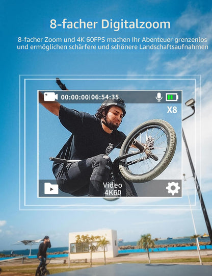 Apexcam M80 Action Cam 4K 60fps 48MP WLAN mit 64GB Karte und Zubehör