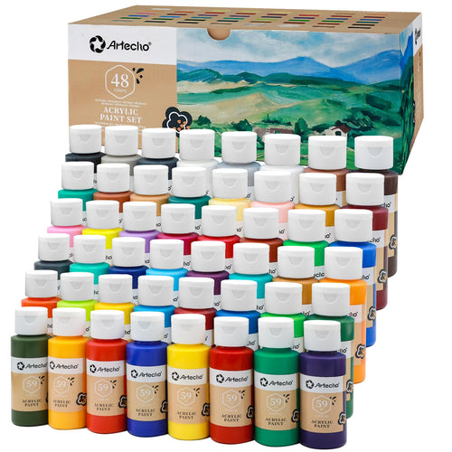 Artecho Acrylfarben Set 48 x 59 ml, wasserfest und lichtecht – 48 Farbflaschen mit Klappverschluss