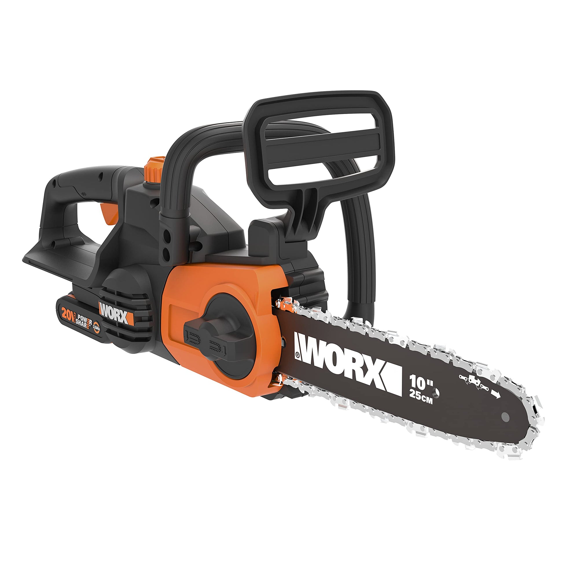WORX WG322E.1 Akku Kettensäge 20V – inkl. Akku & Ladegerät: Orange-schwarze Akku-Kettensäge zum Sägen von Holz und Ästen.
