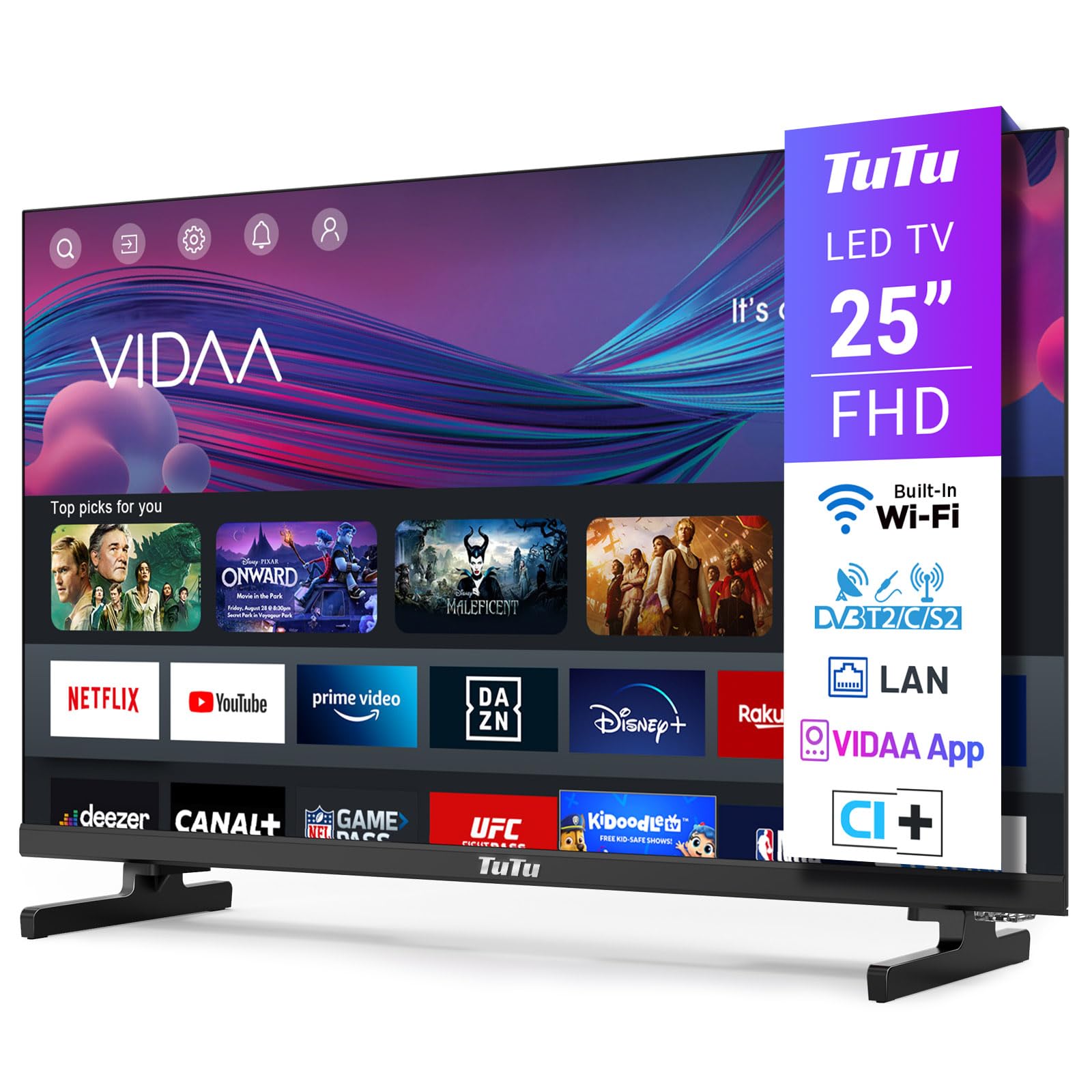 TuTu Smart TV 25 Zoll Full HD VIDAA Fernseher TUV25FQ1B. Schwarzer, rechteckiger Fernseher zum Streamen von Full HD Inhalten.