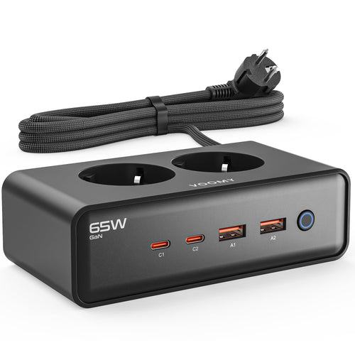 VOOMY Mehrfachsteckdose mit USB-C 65W und Überspannungsschutz, Würfelform mit Hauptschalter und 2-m-Kabel