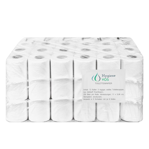 Hygiene VOS Toilettenpapier 3-lagig, 72 Rollen, 250 Blatt, weiss – Vorratspackung aus Frischfaserzellstoff