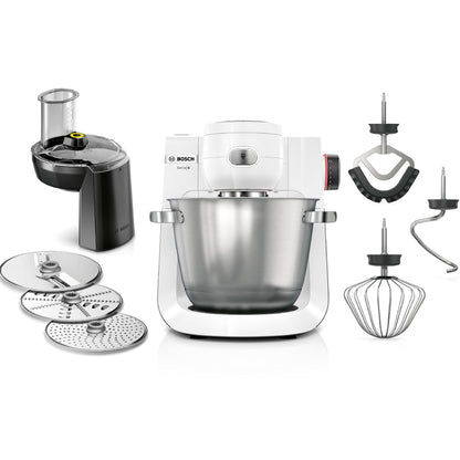 Bosch Küchenmaschine Serie 6 MUMS6EW13D – Silber/Weiss. Silber-weiße Maschine zum Kneten, Rühren und Schlagen von Teigen.