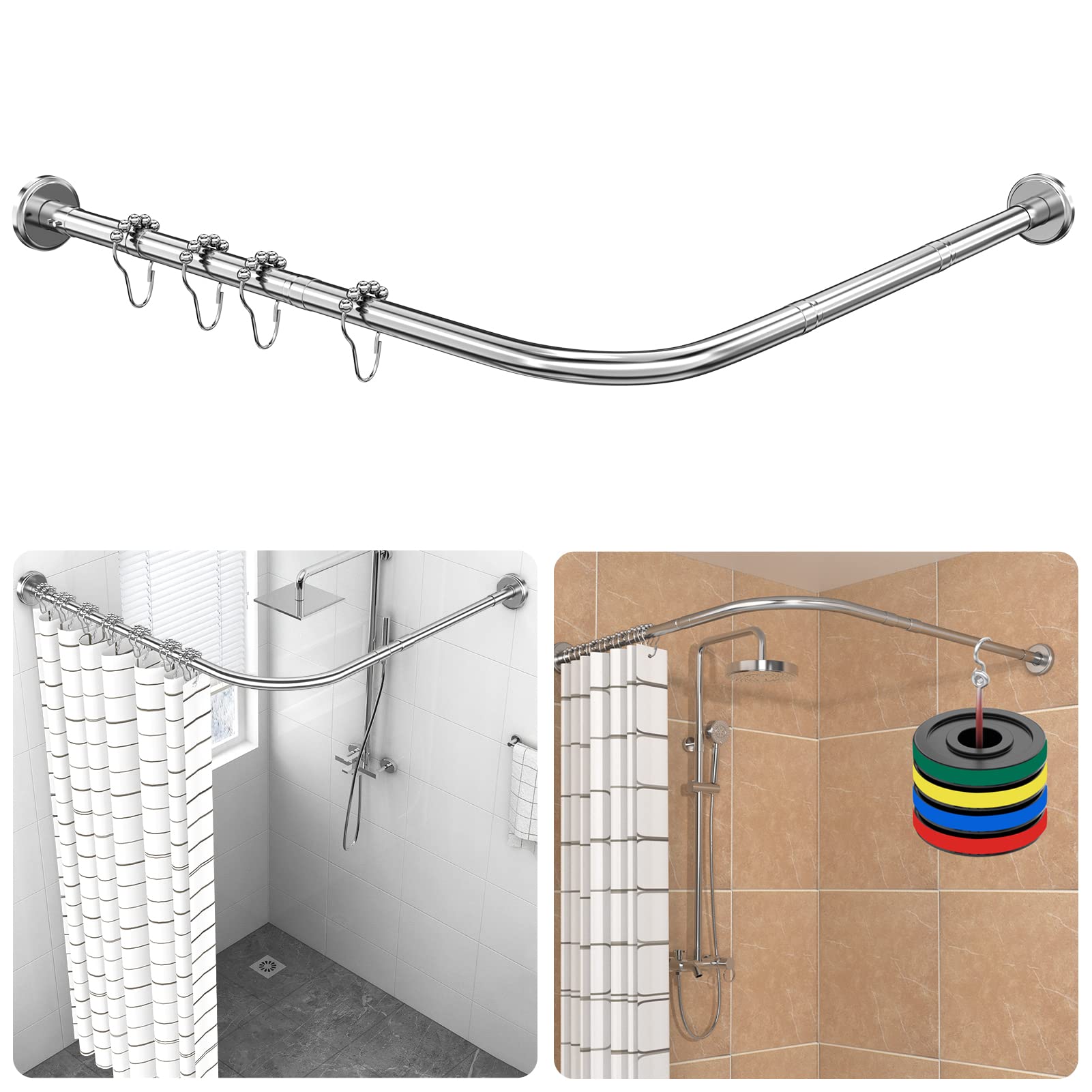 Premium L-Form Duschstange Edelstahl - 70-100x70-100cm Silber. Zur Montage von Duschvorhängen in Eckbereichen.