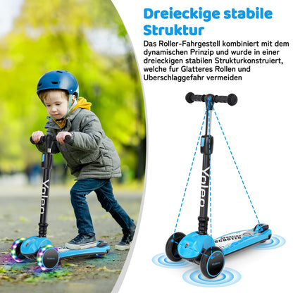 YOLEO Kinderroller Dreiradscooter mit Leuchträdern, faltbar, blau