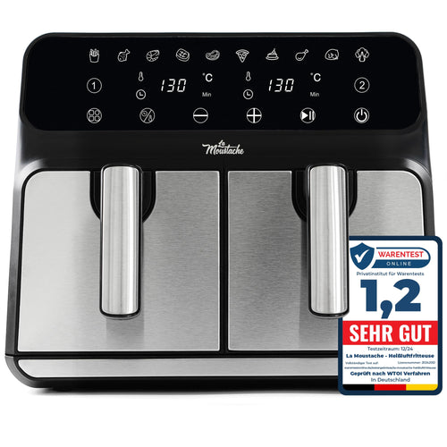 La Moustache DuoFry Gray Heissluftfritteuse - XXL 2 Fächer 8L. Graues Gehäuse mit zwei Kochkammern. Frittiert, brät & backt fettarm simultan.