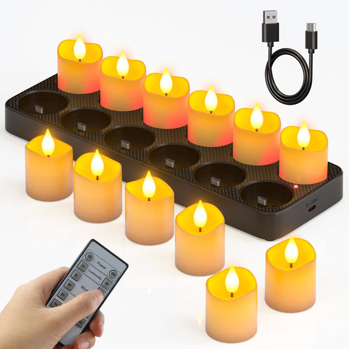 SoulBay LED Teelichter aufladbar mit Ladestation, 12 Stück – Set mit Fernbedienung und USB-C Kabel