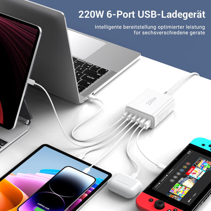 Ombrex USB-C Ladegerät 220W, 6-Port Schnellladegerät mit PD & QC