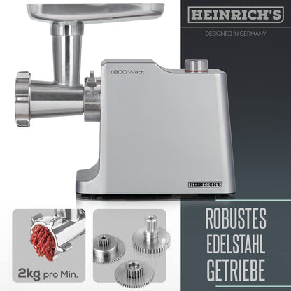 Heinrichs Elektrischer Fleischwolf & Wurstmaschine 1800W Metallgetriebe