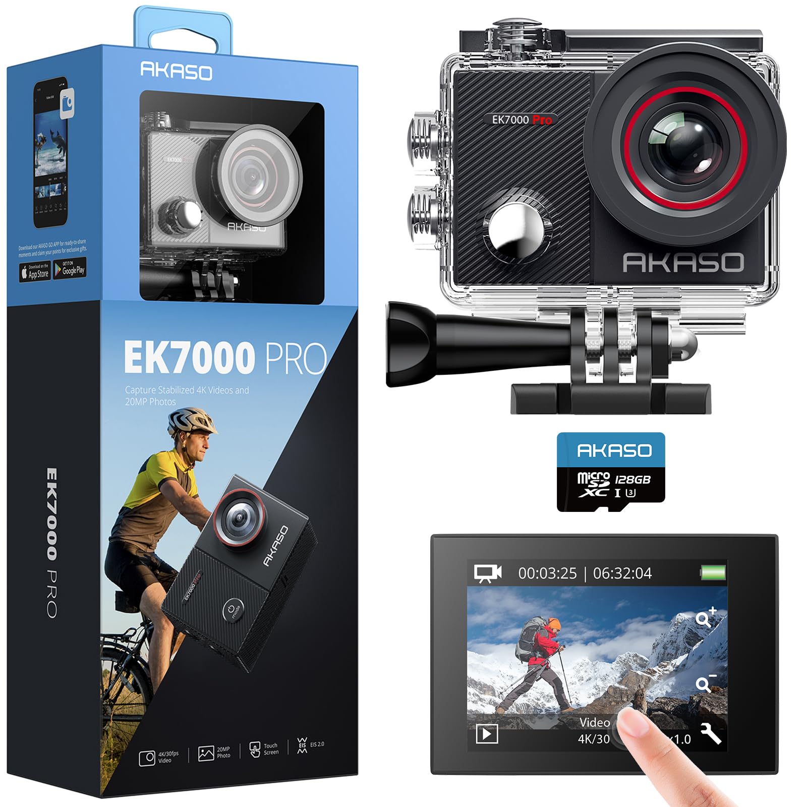 AKASO EK7000 Pro Action Cam 4K, wasserdicht bis 40 m, 128 GB – Unterwasserkamera mit einstellbarem Weitwinkel