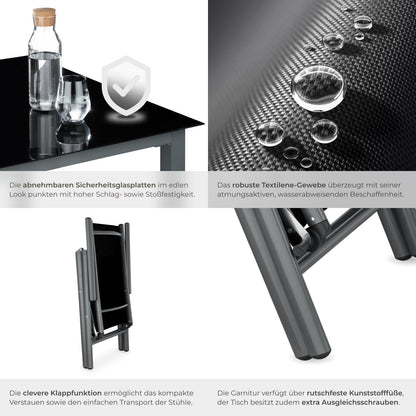 tectake Sitzgruppe Aluminium 6 Klappstühle & Glastisch anthrazit