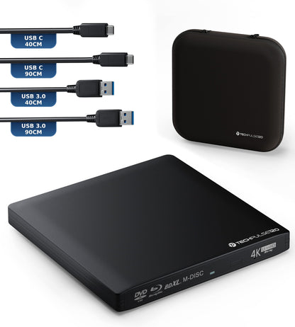 techPulse120 Imperator USB-C 4K Blu-ray Brenner - Alu Schwarz. Externer, flacher Aluminiumbrenner für 4K Blu-rays.