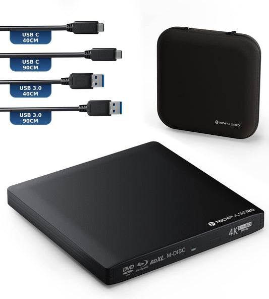 techPulse120 Imperator USB-C 4K Blu-ray Brenner - Alu Schwarz. Externer, flacher Aluminiumbrenner für 4K Blu-rays.