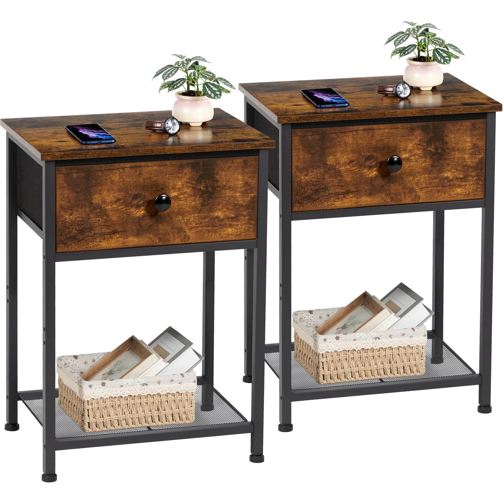 AMHANCIBLE Nachttisch 2er Set mit Stoffschubladen, Vintage Braun – Beistelltisch mit Metallgestell im Industriestil