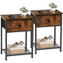AMHANCIBLE Nachttisch 2er Set mit Stoffschubladen, Vintage Braun – Beistelltisch mit Metallgestell im Industriestil