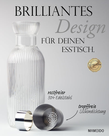 MAMEIDO Wasserkaraffe 1,5 l Glaskaraffe mit Ausgiesser und Sieb