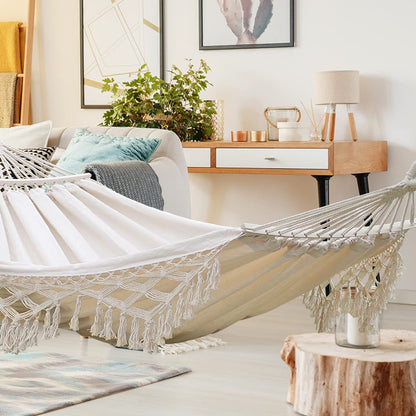 MOSFiATA Hängematte Boho-Stil mit gebogener Holzstange, 290 x 150 cm