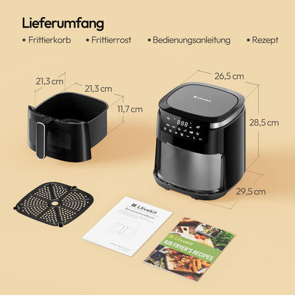 LLIVEKIT Heissluftfritteuse 5.5L | Airfryer mit Sichtfenster, schwarz