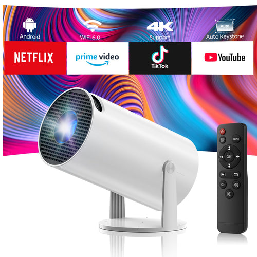 Mini Beamer 4K – Tragbarer Android 11 Projektor WiFi6. Kompaktes schwarzes Rechteck-Gehäuse. Projiziert 4K-Inhalte für Home-Entertainment.