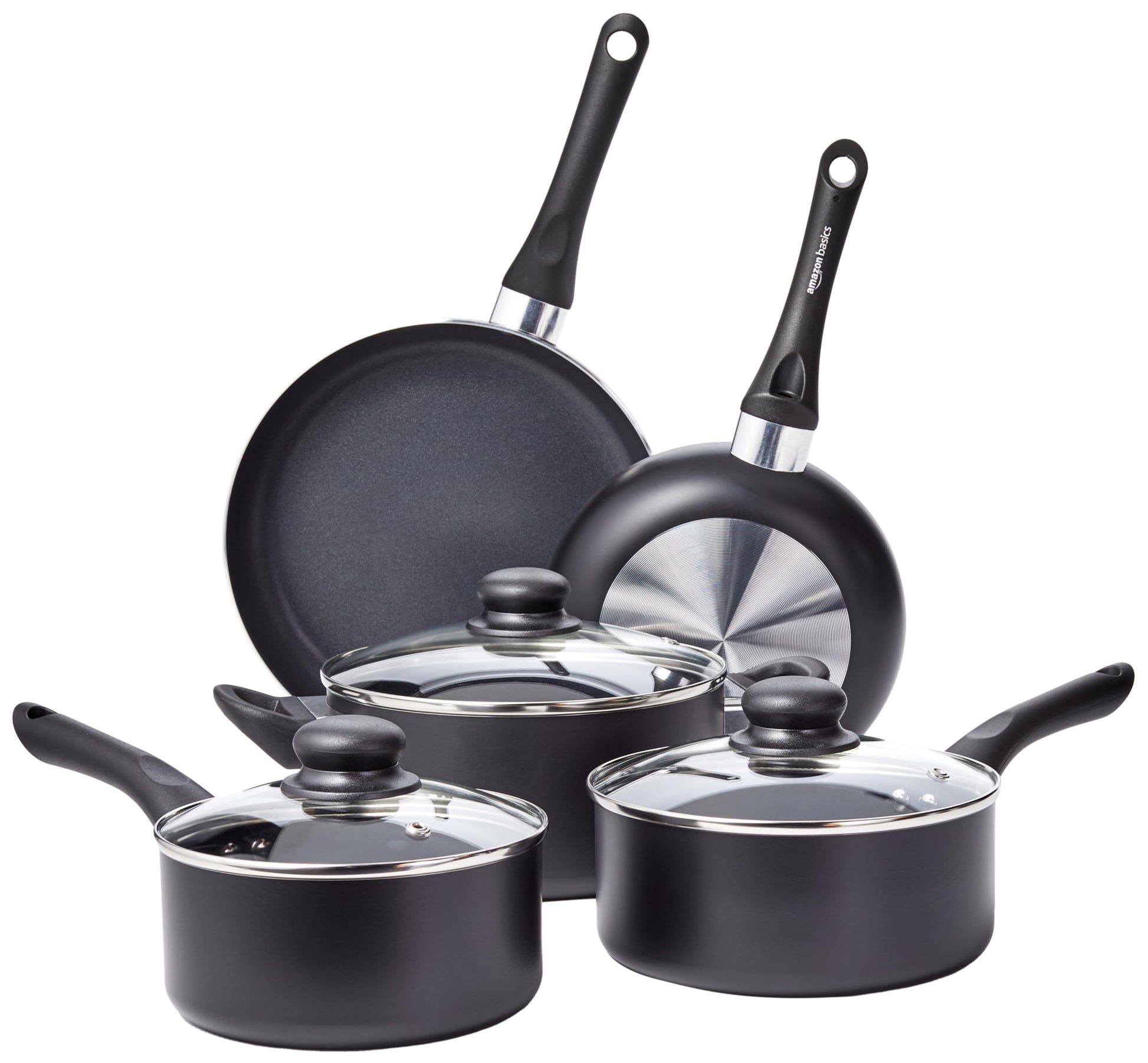 Amazon Basics Kochgeschirr-Set 8-teilig, Antihaftbeschichtung, Schwarz – aus Aluminium mit Glasdeckeln