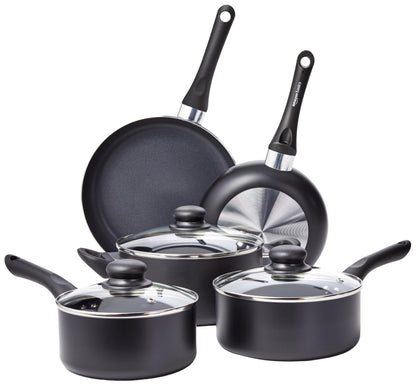 Amazon Basics Kochgeschirr-Set 8-teilig, Antihaftbeschichtung, Schwarz – aus Aluminium mit Glasdeckeln
