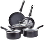 Amazon Basics Kochgeschirr-Set 8-teilig, Antihaftbeschichtung, Schwarz – aus Aluminium mit Glasdeckeln