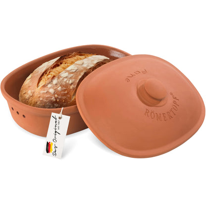 Römertopf Brottopf oval Naturton Terrakotta – 2L Brot-Aufbewahrung. Hält Brot im Terrakotta-Gefäß langanhaltend frisch.