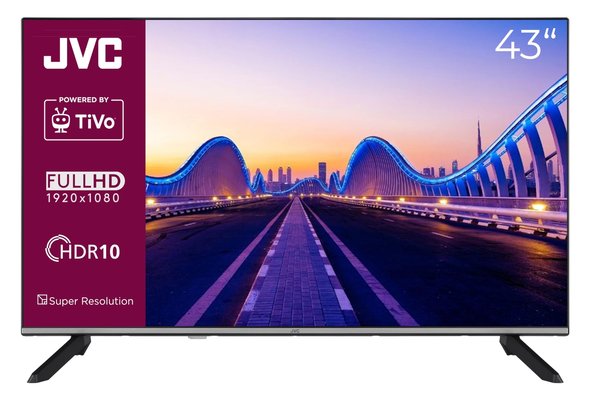 JVC LT-43VF7555 LED Smart TV Full HD HDR - 43 Zoll. Rechteckiger, schwarzer Fernseher. Zeigt Full HD/HDR Inhalte via Smart TV.