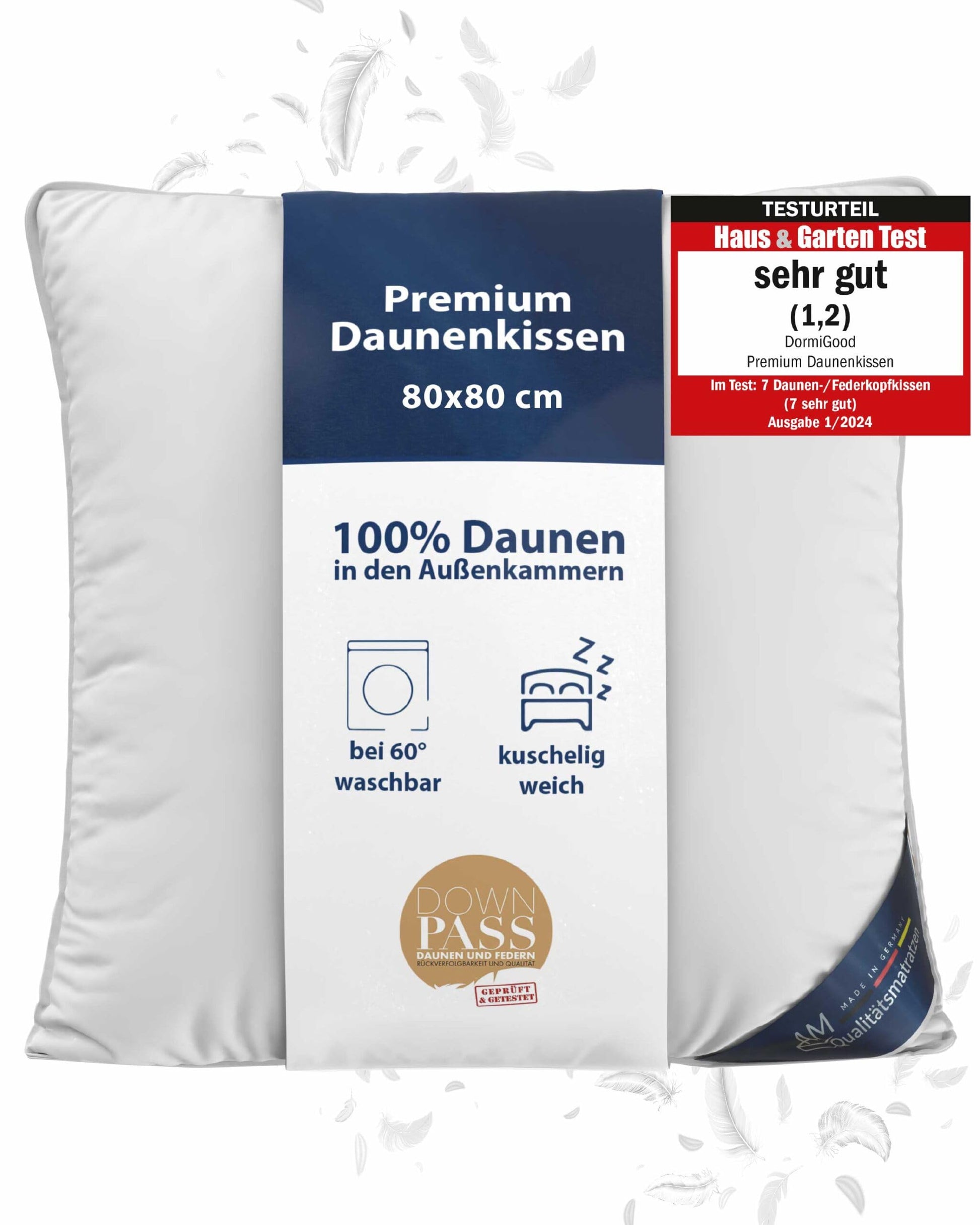 DormiGood Daunenkissen 3-Kammer Kopfkissen - 80x80 cm. Weißes, quadratisches Daunenkissen für bequemen Kopfhalt im Schlaf.