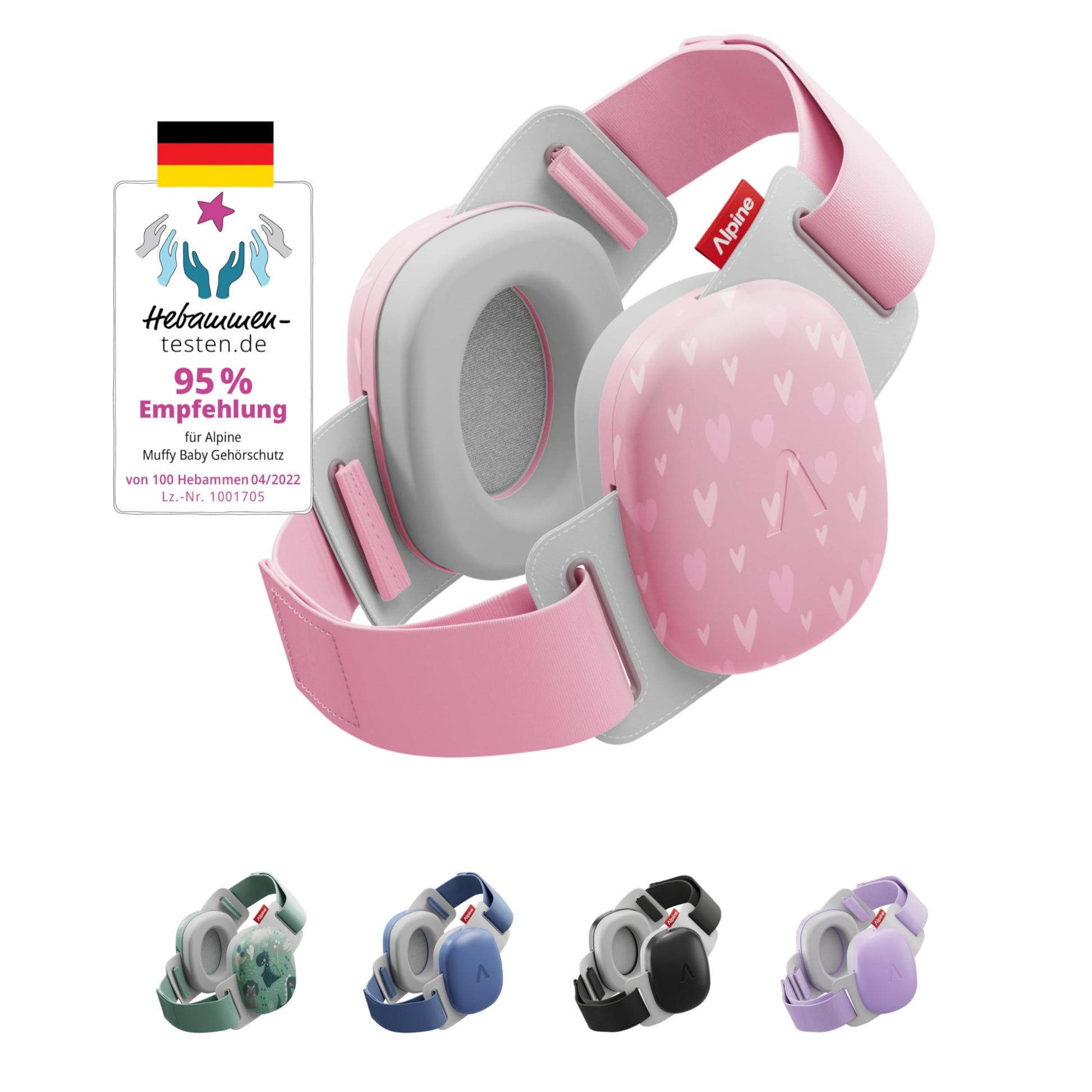Alpine Muffy Baby Comfort Kapselgehörschutz für Babys, Herzen, flache Ohrmuscheln und verstellbares Klett-Kopfband