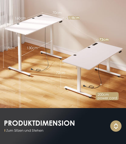 OffiGo Höhenverstellbarer Schreibtisch elektrisch 160x70cm – Weiss