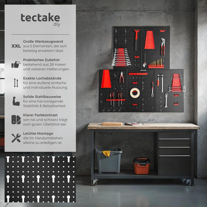 tectake Werkzeug-Lochwand aus Metall 200 x 60 cm inkl. Haken-Set