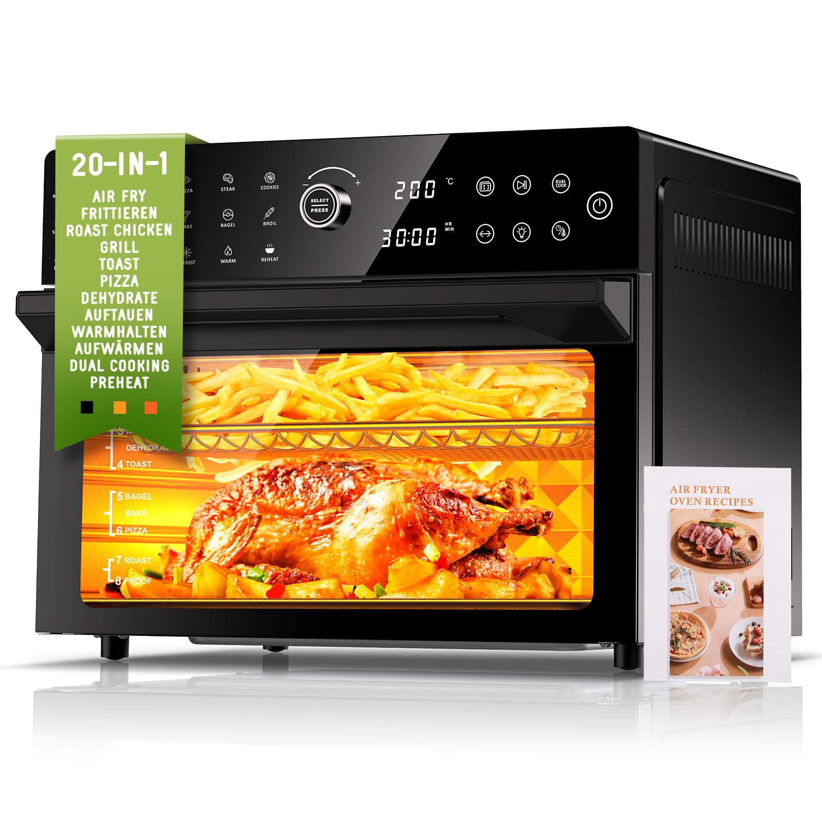 cookwise Heissluftfritteuse XXL 30L Minibackofen mit Umluft, 1800 W, Edelstahlgehäuse mit Sichtfenster