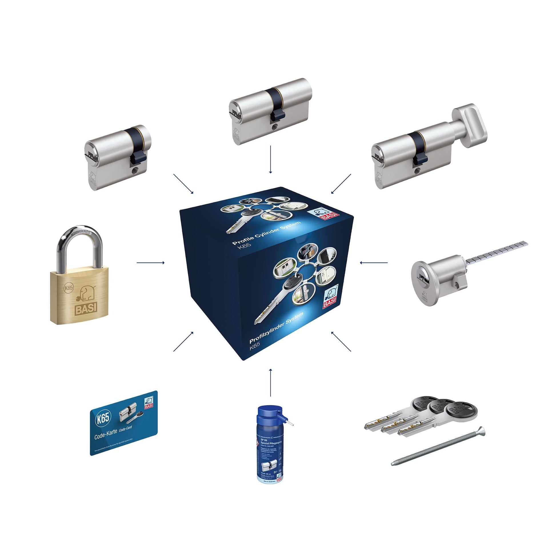 BASI K65 Profilzylinder System Konfigurator - Gleichschliessend. Silberner, länglicher Zylinder. Für Gleichschliessung in Schliessanlagen zur Türverriegelung.