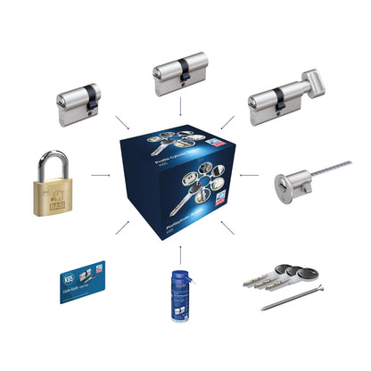 BASI K65 Profilzylinder System Konfigurator - Gleichschliessend. Silberner, länglicher Zylinder. Für Gleichschliessung in Schliessanlagen zur Türverriegelung.