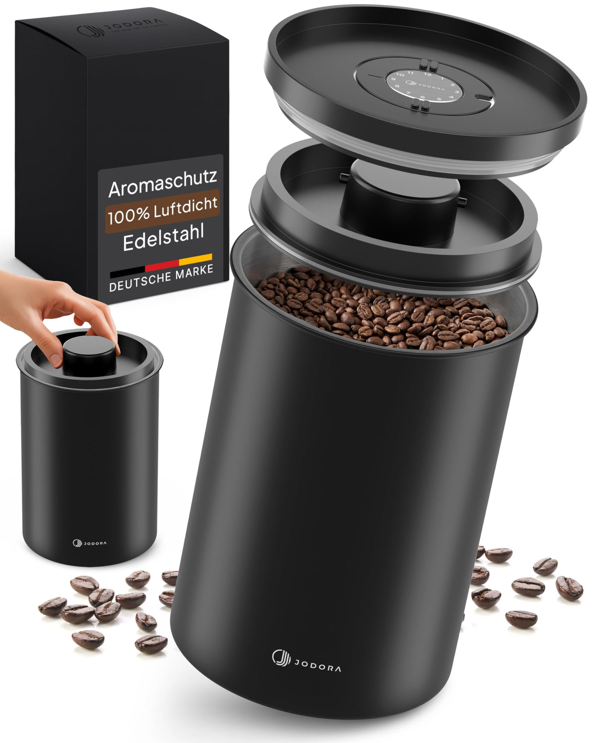 JODORA Kaffeedose Edelstahl luftdicht 1 kg mit Vakuumverschluss und Datumsanzeige