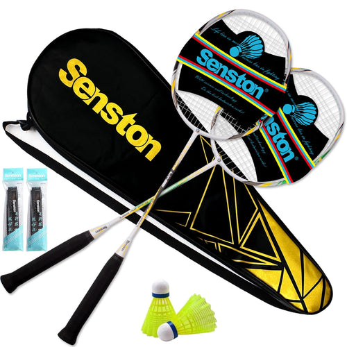 Senston Graphit Badminton Set - 2 Carbon-Schläger mit Tasche, 2 Federbälle und Griffbänder