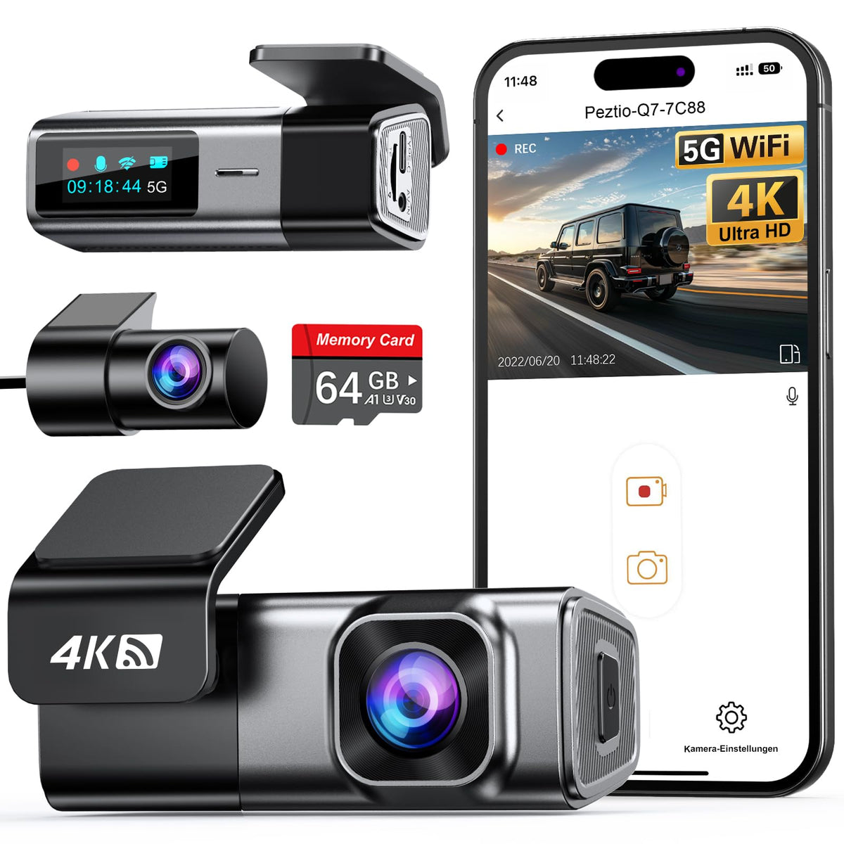Navycrest Q7 Dashcam Auto vorne hinten, 4K+1080P mit 5GHz WiFi, kompakte Dual-Autokamera