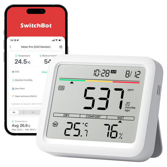 SwitchBot CO2 Messgerät – Luftqualität, Thermo-Hygrometer; weiß, rechteckig. Überwacht das Raumklima und die Luftqualität.